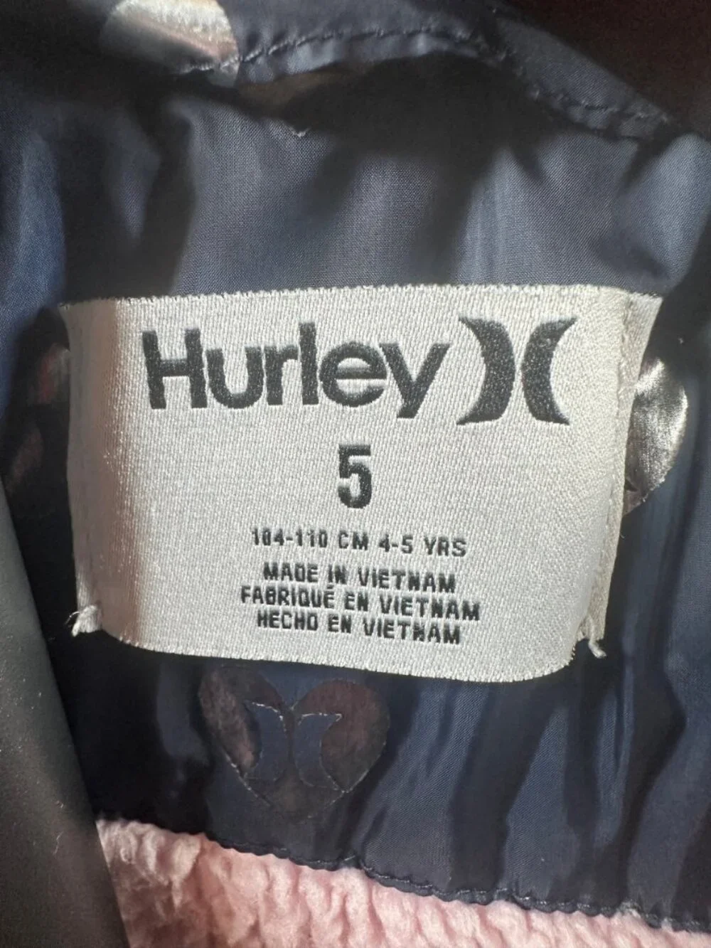 Hurley Size 5 Navy Pink Puffer Jacket Kids 4-5 Years